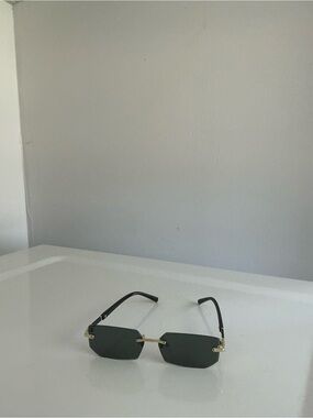 Men's Rimless Rectangle Sunglasses in Dark Green and Gold